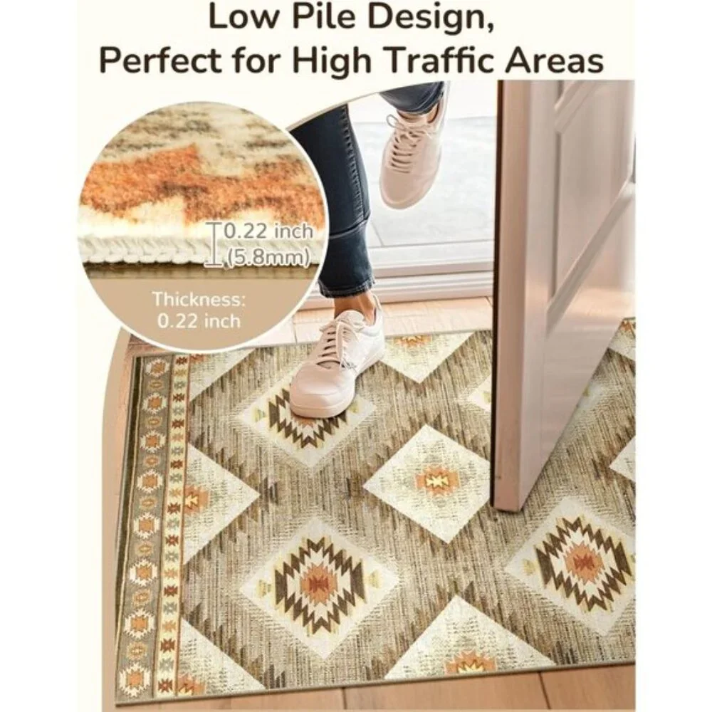 5x7 Cream Camel Rug, Washable Western Print Low Pile Non-Slip Carpet for Home